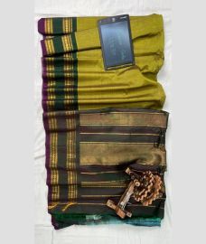 Leafy Green and Dark Grey gadwal sico sarees with All over Lines design