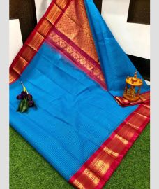 azure blue colour gadwal sico sarees with Temple Border design