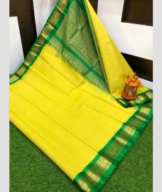 yellow colour gadwal sico sarees with Temple Border design