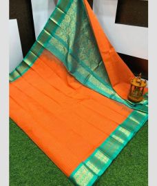 orange colour gadwal sico sarees with Kanchi Border design