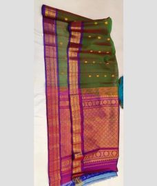 green and brown colour gadwal sico sarees with All over Buttas design
