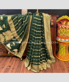 Pine Green and Golden georgette sarees with All over Lines design - GEOS0024875