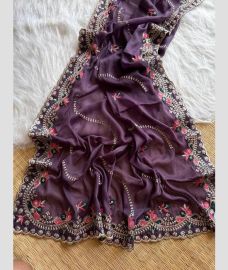 Plum Purple georgette sarees with All over Embroidary design