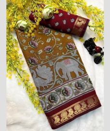 olive colour georgette sarees with Jacquard Border design