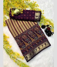 cream and purple colour georgette sarees with Jacquard Border design
