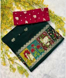 green colour georgette sarees with Jacquard Border design