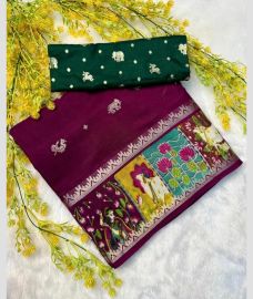 purple and green colour georgette sarees with Jacquard Border design