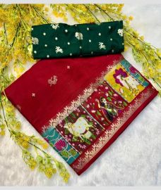maroon red and green colour georgette sarees with Jacquard Border design