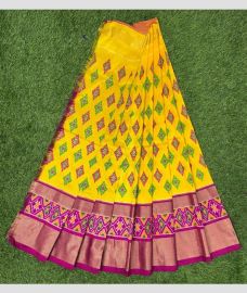 Yellow and Magenta ikkat lehengas with All over Pochampally ikkat design