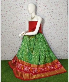 Lite Parrot Green and Red ikkat lehengas with all over pochampally ikkat design