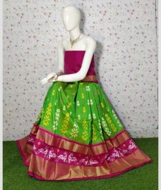 Parrot Green and Pink ikkat lehengas with all over pochampally ikkat design