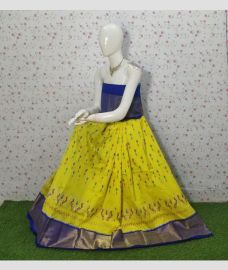 Yellow and Navy Blue ikkat lehengas with all over pochampally ikkat design