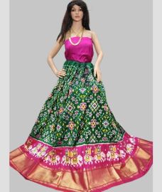 Dark Green and Pink ikkat lehengas with all over pochampally ikkat design
