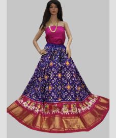 Purple Blue and Pink ikkat lehengas with all over pochampally ikkat design