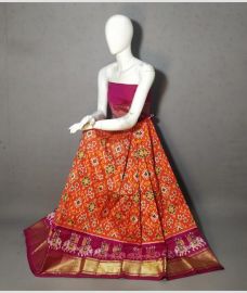 Orange and pink ikkat lehengas with all over pochampally ikkat design