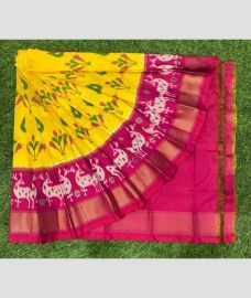 yellow and purple colour ikkat lehengas with all over pochampally ikkat design