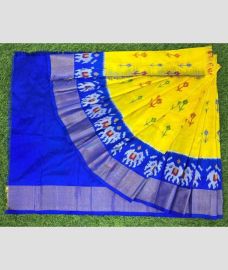 navy blue and yellow colour ikkat lehengas with all over pochampally ikkat design
