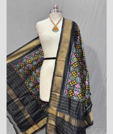 charcoal colour ikkat pattu dupattas with All over Ikkat design
