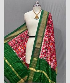 green and purple colour ikkat pattu dupattas with All over Ikkat design