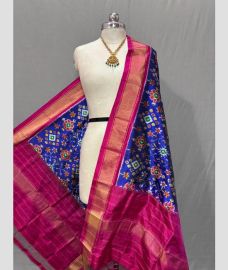 blue and magenta colour ikkat pattu dupattas with All over Ikkat design
