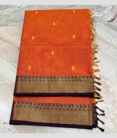 Orange and Dark Chocolate kanchi cotton sarees with All over Buttas design