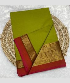 Lite Parrot Green and Red kanchi cotton sarees with Kanchi Border design