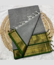 Lite Grey and Green kanchi cotton sarees with Kanchi Border design