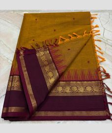 Mustard Yellow and Crimson kanchi cotton sarees with Kanchi Border design