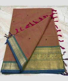 Brown and Teal kanchi cotton sarees with Kanchi Border design