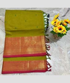 Parrot Green and Pink kanchi cotton sarees with Kanchi Border design