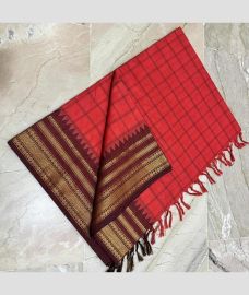 Coral Pink and Brown kanchi cotton sarees with All over Checks design