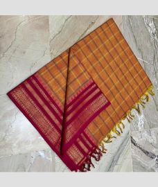 Mustard Yellow and Pink kanchi cotton sarees with All over Checks design