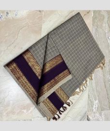 Grey and Dark Chocolate kanchi cotton sarees with All over Checks design