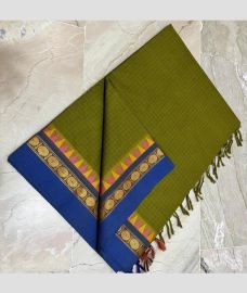Leafy Green and Blue kanchi cotton sarees with All over Checks design