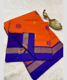 Orange and Royal Ble kanchi cotton sarees with All over Buttas design