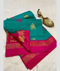 Turquoise and Pink kanchi cotton sarees with All over Buttas design