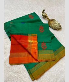 Spring Green and Orange kanchi cotton sarees with All over Buttas design