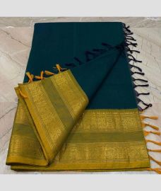 dark blue colour kanchi cotton sarees with Line Border design