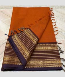 orange colour kanchi cotton sarees with Line Border design