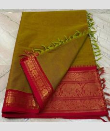 olive green colour kanchi cotton sarees with Line Border design