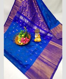 navy blue and brown colour kanchi cotton sarees with Line Border design