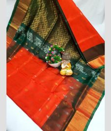 orange and brown colour kanchi cotton sarees with Line Border design