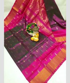 ruby and brown colour kanchi cotton sarees with Line Border design