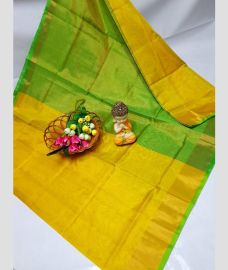 green and yellow colour kanchi cotton sarees with All over design