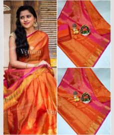 orange and magenta red colour kanchi cotton sarees with All over design