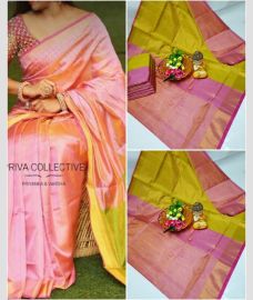 pink and olive green colour kanchi cotton sarees with All over design