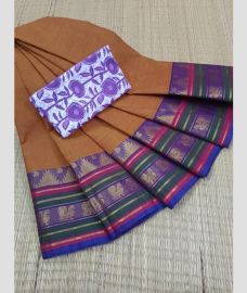 brown colour kanchi cotton sarees with Line Border design