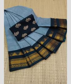light blue colour kanchi cotton sarees with Line Border design