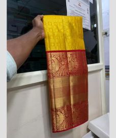 Yellow and Red kanchi lehengas with all over jari design