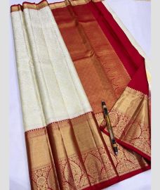 White and Red kanchi pattu sarees with Koravai Border design